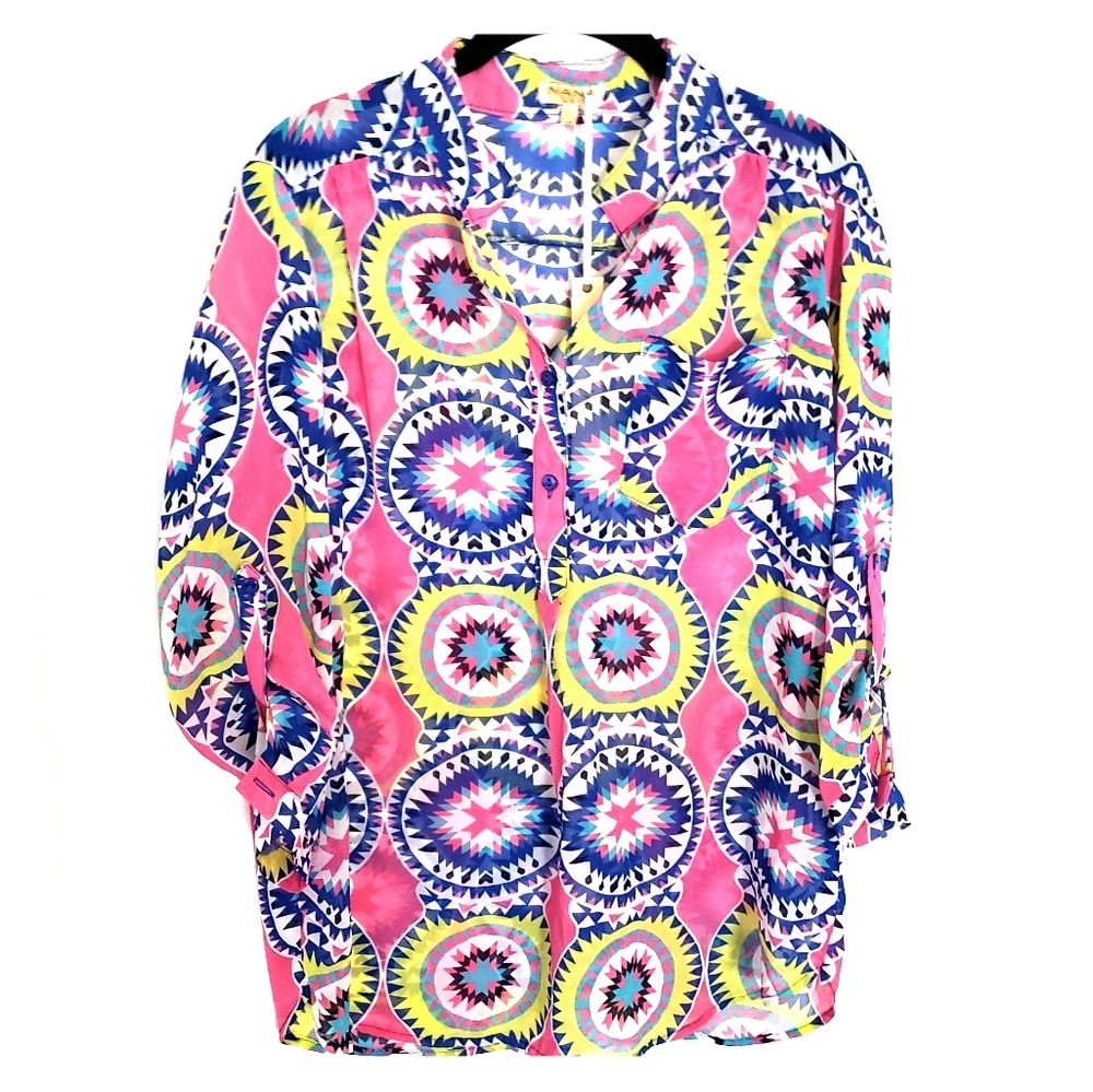 Colorful button up mid sleeve blouse, NWT